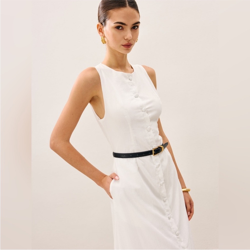 Commense Cotton & Linen Button-Front Sleeveless Dress With Tie NWT Size L - Picture 4 of 9